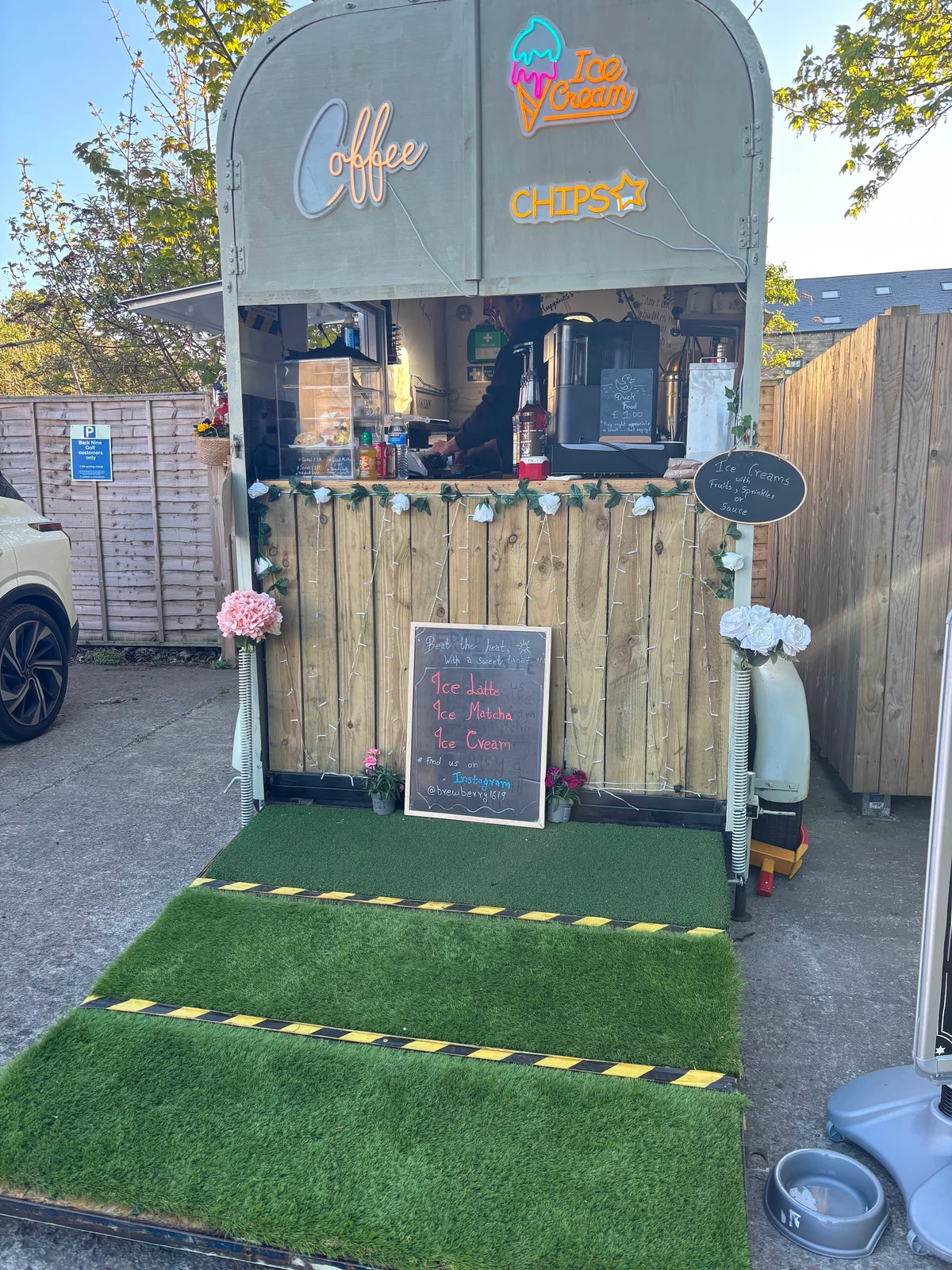 The real BrewBerry dessert cart with its coffee and ice cream signs